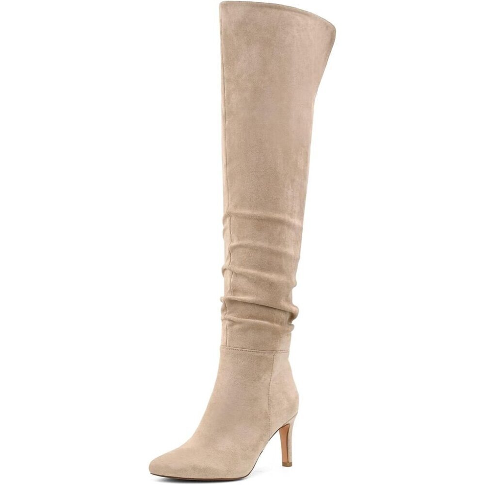 Women Khaki Polyurethane Over The Knee Stiletto Heel Pointed Toe Long Boots